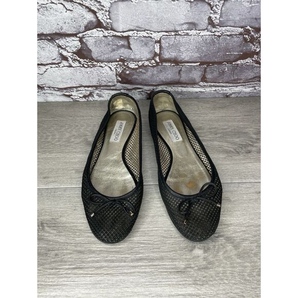 Jimmy Choo Black Leather Perforated Laser Cut Bow Ballet Flats Women 37EU/6.5M - Picture 12 of 16
